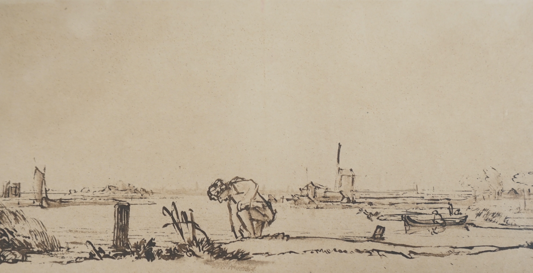 After Rembrandt (Dutch, 1606-1669) Old Master ink, Landscape with kneeling figure, Erich Bretschneider, Leipzig label verso, 14.5 x 27cm